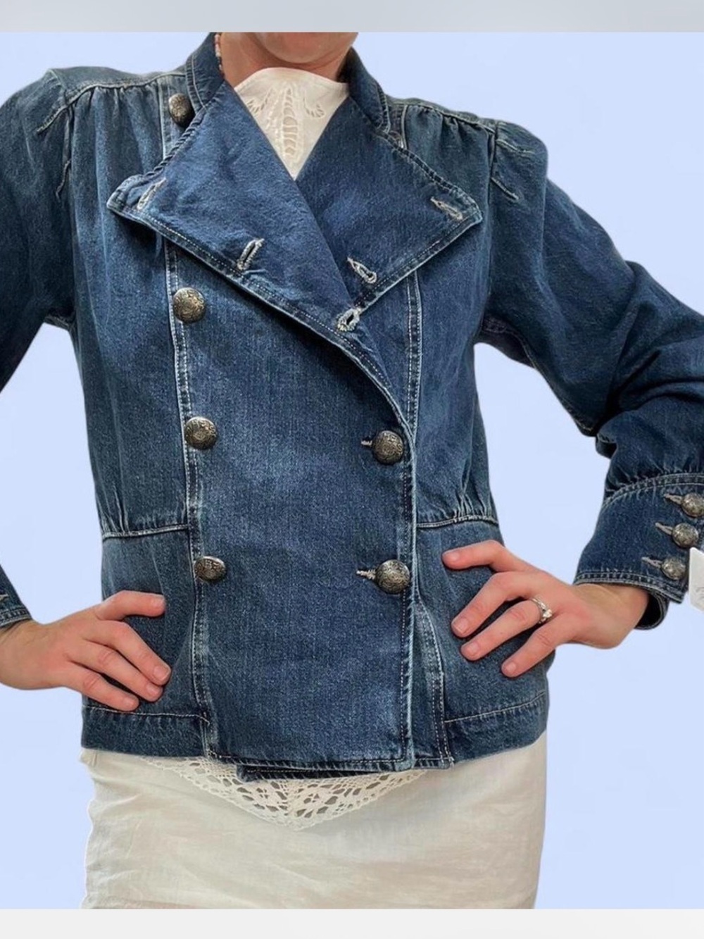 We the Free Imogene Blue Denim Double-Breasted Women's Jacket - Picture 2 of 7